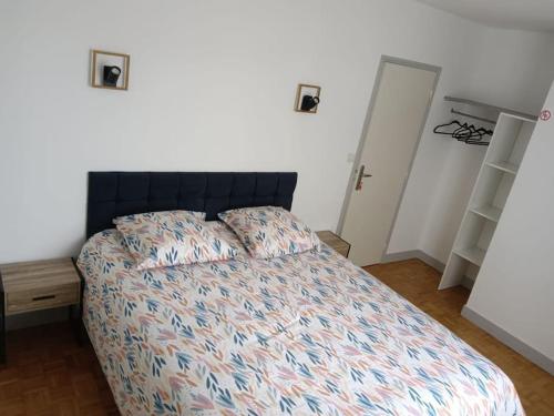 a bedroom with a large bed with a comforter at Gîte Coccinelle in Saint-Aignan