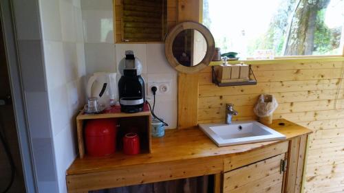 - une petite cuisine avec un évier et un miroir dans l'établissement Cabane en bois climatisée, à Fronsac