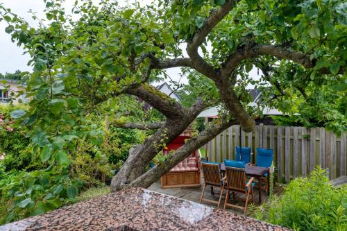 a patio with two chairs and a table under a tree at Ferienwohnung Alte Liebe in Cuxhaven