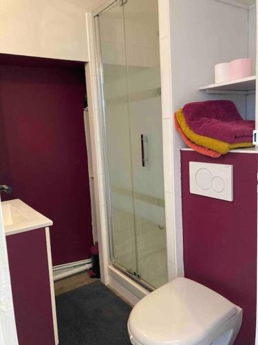 une salle de bain avec toilettes et douche en verre dans l'établissement Coeur de ville, balcon & parking gratuit, à Saint-Nazaire