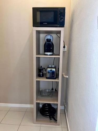 une étagère avec un micro-ondes et une télévision dessus dans l'établissement Studio douillet en hyper centre, à Valenciennes