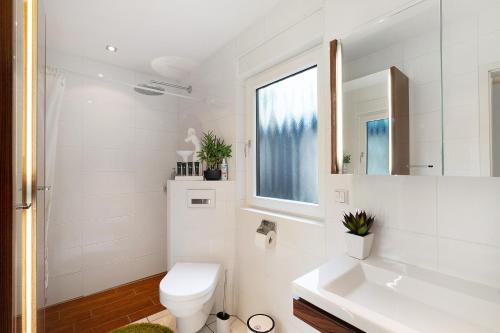 a white bathroom with a toilet and a sink at Ferienappartement Harmonie in Zaisenhausen