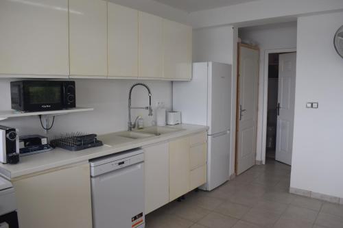 a kitchen with white cabinets and a sink and a microwave at CHAUDIERE DE RÊVE in Le Vauclin