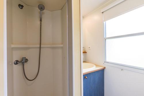 a bathroom with a shower and a sink at L'héberge du lac d'Isachris mh6 in Queyrac