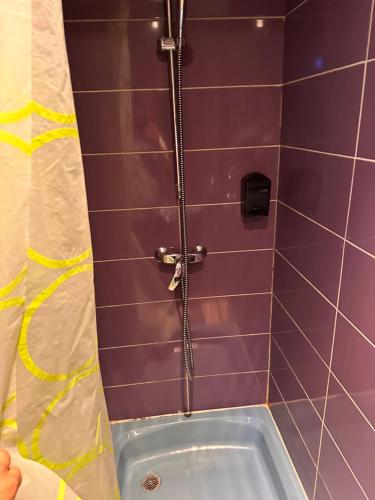 a bath tub in a bathroom with purple tiles at Chambre musicale in Brussels