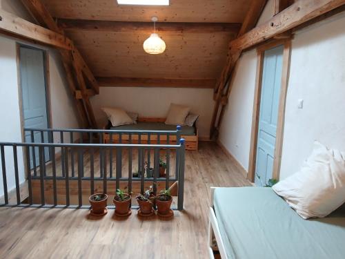 une chambre avec un balcon avec deux lits et des plantes en pot dans l'établissement Maison Soleils, à Chamalières-sur-Loire