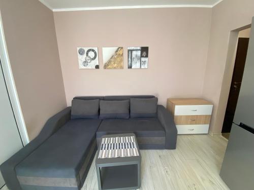 Una sala de estar con un sofá azul y una mesa. en Byala Leisure Place, en Byala