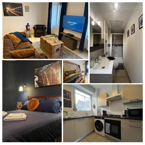un collage de photos d'une chambre avec un lit dans l'établissement Proche Gare, spacieux, lumineux, Fibre, P gratuit, à Belfort