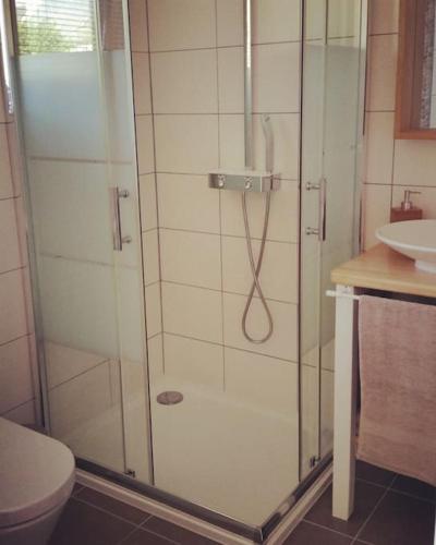 une salle de bain avec une douche avec des toilettes et un lavabo dans l'établissement Oyat gîte écologique à Porspoder, à Porspoder