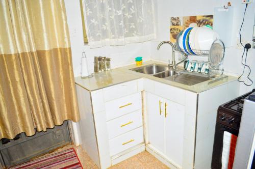a small kitchen with a sink and a counter top at Angie's staycation 1br apt Milimani- Fast internet, secure parking, Free netflix in Kisumu