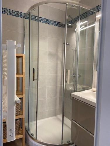 une douche avec une porte vitrée dans une salle de bain dans l'établissement Appartement T2 pour 4 Personnes Résidence avec piscine 4EURO213 Nice apartment with swimming pool, à Canet