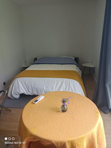 Cette chambre dispose d'un lit et d'une table en face. dans l'établissement Studio près de Versailles au calme, à Vaucresson