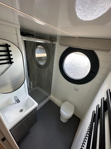 a bathroom with a sink and a toilet and a window at Svencele Boats laivai-namai kuriems nereikia laivavedžio teisių in Svencelė