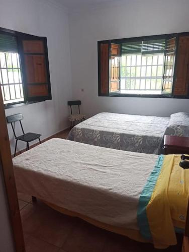 a bedroom with two beds and two windows at Finca Rústica La Palmera in Utrera