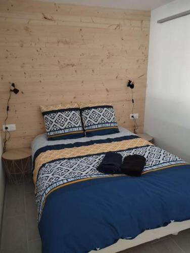 une chambre avec un grand lit avec des draps et des oreillers bleus dans l'établissement Rez de jardin Gambetta, à Roanne