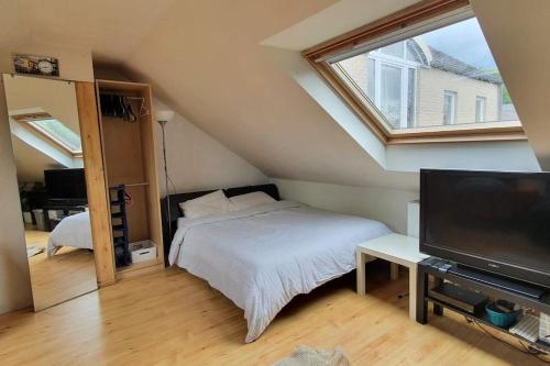 une chambre avec un lit et une télévision à écran plat dans l'établissement A louer un appart dans une résidence calme, à Mont-Saint-Guibert