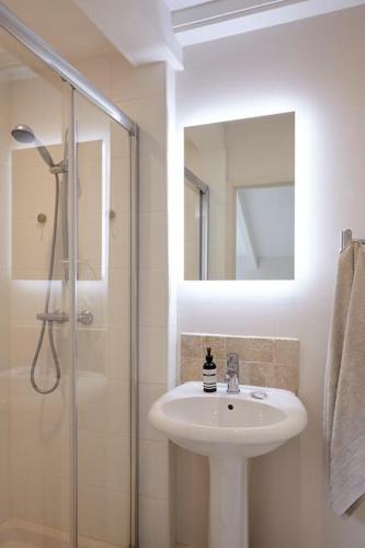 a bathroom with a sink and a shower with a mirror at Coach House Totnes in Totnes