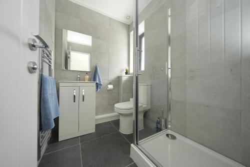 a bathroom with a tub and a toilet and a shower at Derwent Avenue self-contained apartments in Headington in Oxford