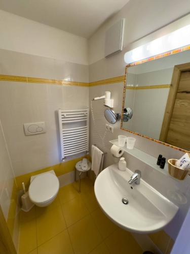 a bathroom with a sink and a toilet and a mirror at Bar-Restaurant-Pizzeria Antermont B&B in Carezza al Lago