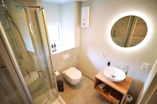 een badkamer met een douche, een toilet en een wastafel bij Winzerhaus am Kardinalsberg in Bernkastel-Kues