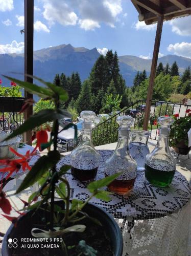 three glass bottles sitting on a table with a plant at Ξενοδοχείο ΜΑΓΚΙΩΣΗ in Neraïdochóri