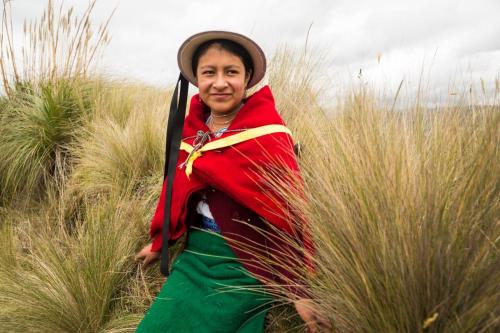 a man wearing a red and green outfit standing in tall grass at Comunidad La Moya, Calpi in Riobamba