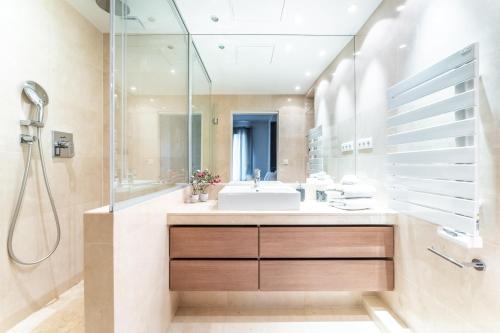 une salle de bain avec un lavabo et une douche dans l'établissement Luxury Living Georges V, à Paris