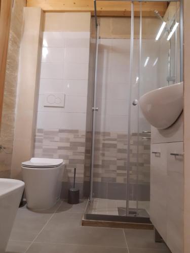 a bathroom with a shower and a toilet and a sink at Villetta in Centro Storico - Chalet in Old Town in Maglie