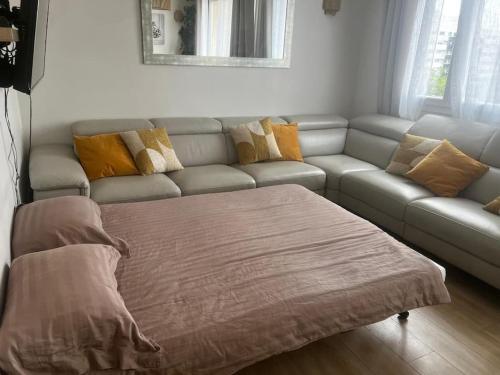 un salon avec un canapé et une table dans l'établissement Paris - Appartement confortable proche Canal Ourcq, à Paris