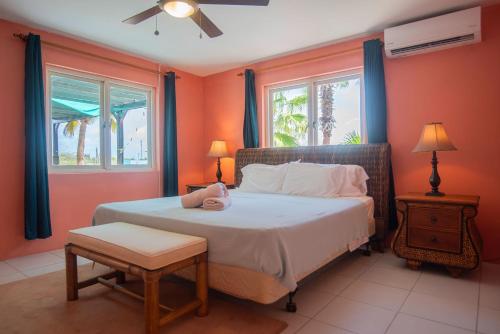 a bedroom with a bed with orange walls and windows at Beautiful Luxury Home in Seroe Colorado in Ceru Colorado