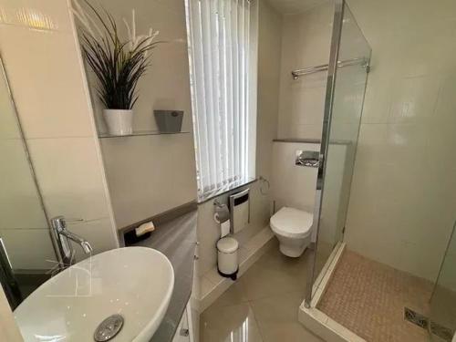 une salle de bain avec un lavabo, des toilettes et une douche dans l'établissement Elegant studio a 50m de la Croisette et ses plages - Ada Serenity Beach, à Cannes