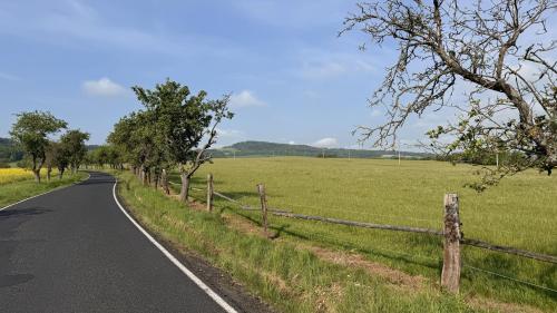a road with a fence next to a field at Semtěš 5 in Pšov