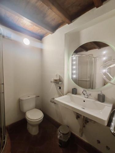 ein Badezimmer mit Toilette, Waschbecken und Spiegel in der Unterkunft Corte Aranci Deluxe Apartment in Historic Center Of Lucca in Lucca
