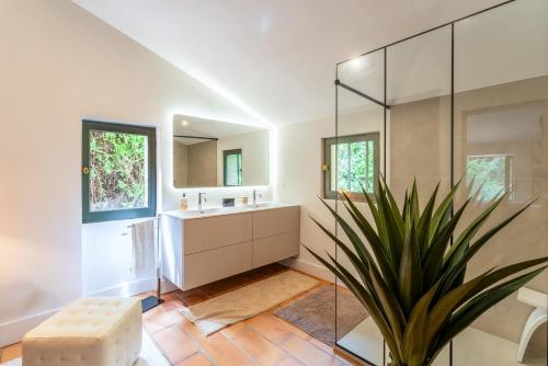 une salle de bain avec un lavabo et un miroir dans l'établissement Villa provençale 200m2 entièrement climatisé piscine vue Ventoux, à Villeneuve-lès-Avignon