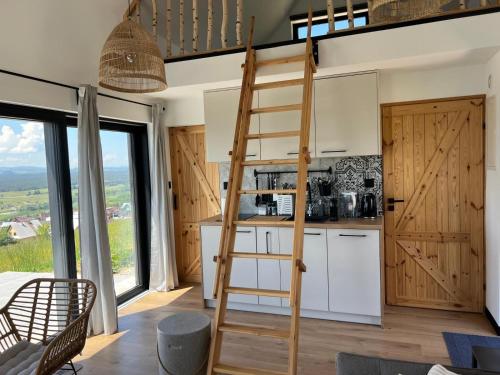 a kitchen with a loft bed and a ladder at Czarne Ptaszki in Szlembark