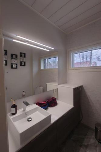 a white bathroom with a sink and a mirror at Talo kaikilla mukavuuksilla in Joensuu