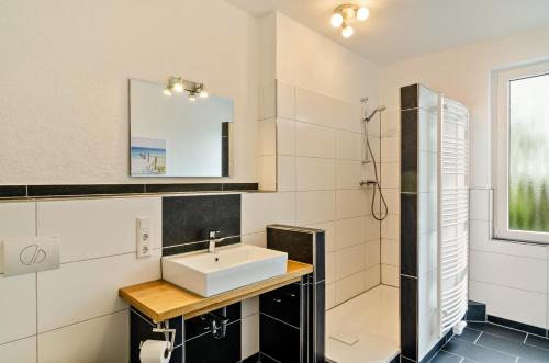a bathroom with a sink and a shower at Seehund in Stedesdorf