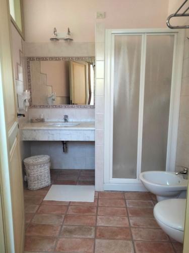 a bathroom with a shower and a sink and a toilet at Il Casolare Country House in Fontecorniale