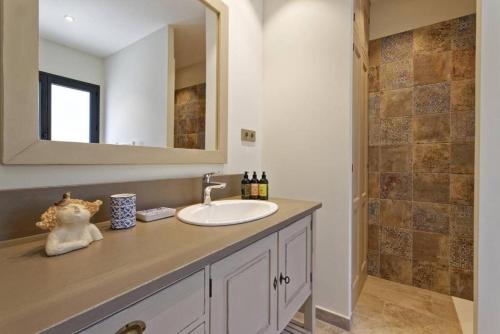 une salle de bain avec un lavabo et un miroir dans l'établissement Un joli hameau au coeur du vignoble de l'Escarelle et de la Provence Verte, à La Celle