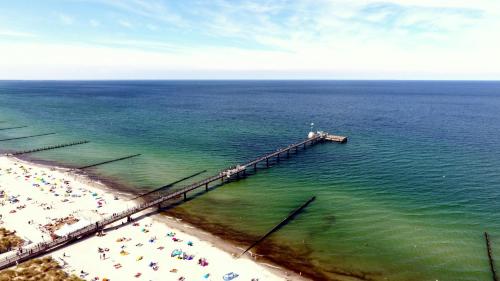 an aerial view of a beach with a pier at Boddenblick 9 a in Fuhlendorf