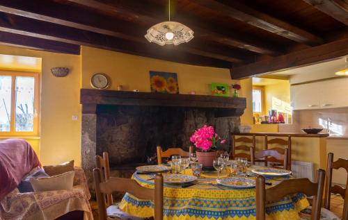 une salle à manger avec une table et une cheminée dans l'établissement Gîte Gîtes de France 6/7 personnes à Baboyères, à Nasbinals
