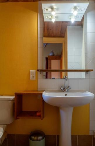 une salle de bain avec un lavabo et un miroir dans l'établissement Gite la perdrix a sauveterre, à Sainte-Énimie