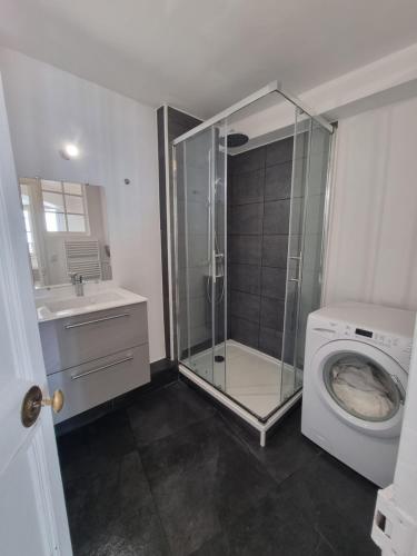 une salle de bain avec douche et machine à laver dans l'établissement Beau 4 pièces au cœur de Paris, à Paris
