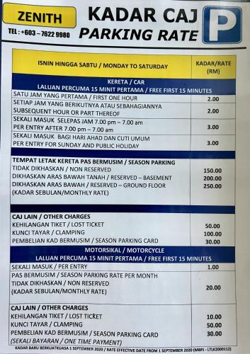 a menu for the kodaikanal car parking rate at Escapade Prison Suites Petaling Jaya in Petaling Jaya