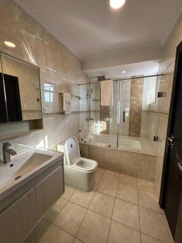 a bathroom with a toilet and a shower and a sink at Mansah Plus Hotel and Apartments in Accra