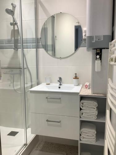 une salle de bain avec un lavabo et une douche avec un miroir dans l'établissement Scidesdunes, à Merville-Franceville-Plage