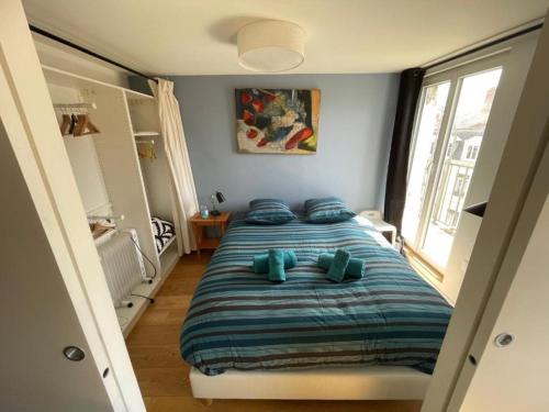 ein Schlafzimmer mit einem Bett mit blauen Kissen und einem Fenster in der Unterkunft Superbe T2, Climatisation, vue Fourvière in Lyon