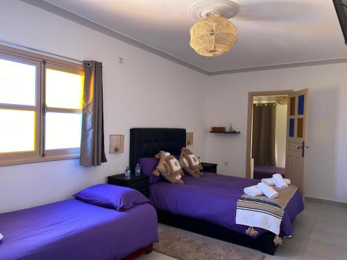 a bedroom with two purple beds and a window at Riad Ghazal in Essaouira