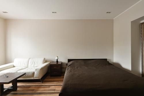 Modern Studio-apartment in the centre في ريغا: غرفة نوم بها سرير وأريكة