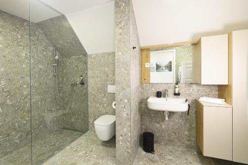 a bathroom with a shower and a toilet and a sink at Alpine Haven in Bovec